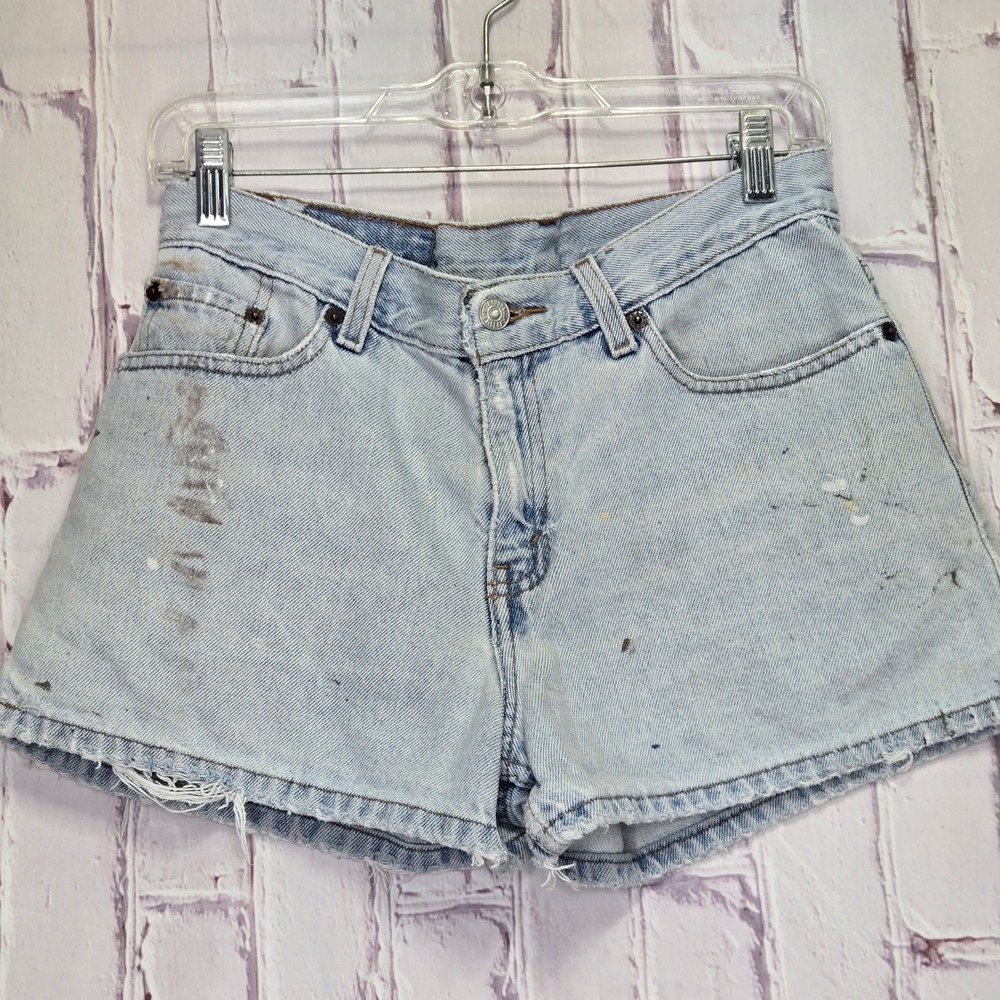 Vintage Y2K Levi's Denim Shorts Light Wash Distressed Paint Splatter Womens 7 JR